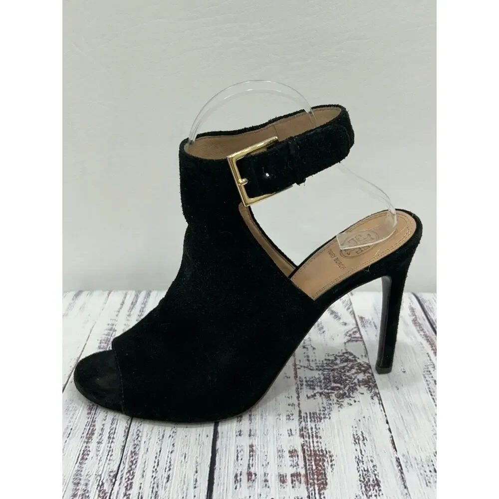 Tory Burch Women's Black Leather Brittania Peep Toe Suede Bootie Size 8.5M